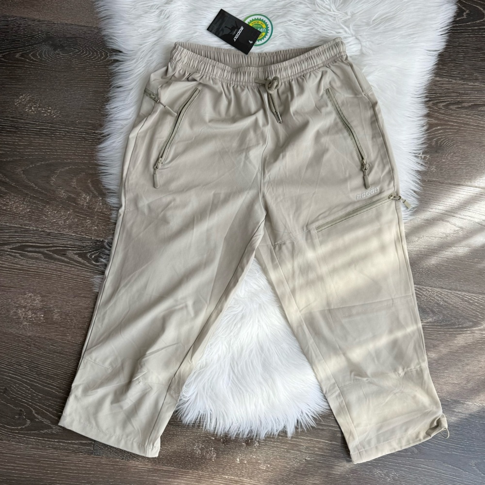 NWT! Mocoly UPF 50 Crop Hiking Cargo Adjustable Pants Tan Beige Shorts S unisex